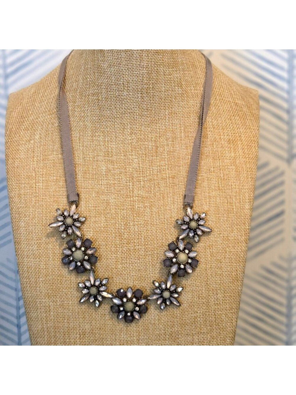 LOFT Gray & Purple Iridescent Glass Cabochon Silver 24" Ribbon Necklace